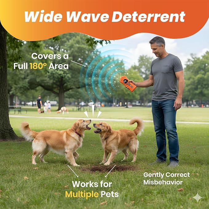 New Ultrasonic Dog Deterrent with 0-9 Variable Frequency Gears, 180° Wide Coverage, Multi-Breed Compatibility, and Built-in Flashlight – Safe & Effective Bark Control and Training Tool