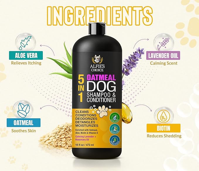 Oatmeal Dog Shampoo and Conditioner for Itchy Skin Relief | Puppy Shampoo for Sensitive Skin 5-in-1 | Cleans, Deodorizes & Detangles | Dog Wash for All Breeds | Made in USA | 16 fl oz | ALFIE'S CHOICE