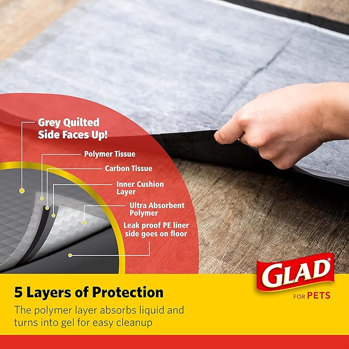 Glad for Pets Black Charcoal Puppy Pads, 23 x 23 Inch, 6-Layer Leak-Resistant Design, Activated Carbon Odor Control, Pheromone Attractant for Potty Training, 150 Count
