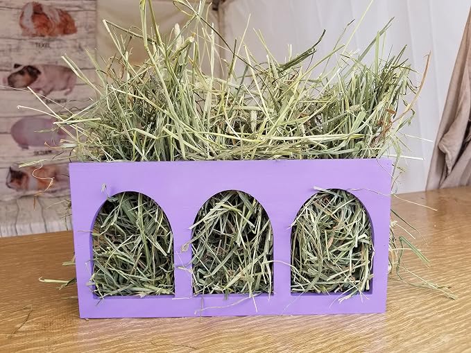 Hay Feeder Closed Bottom Natural Pine Wood Arch Guinea Pig Hay Rack with Option to Attach to Cage (Deep Lilac with Bottom)