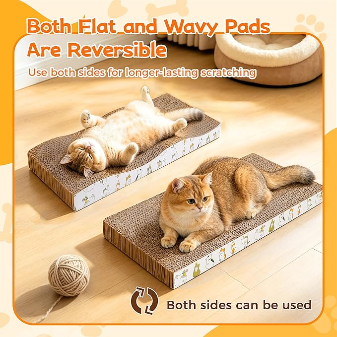 PatiencET Cardboard Cat Scratcher Pads, 4-Pack (2 Flat Double-Sided, 2 Wavy), Catnip Included, for Small and Medium Indoor Cats