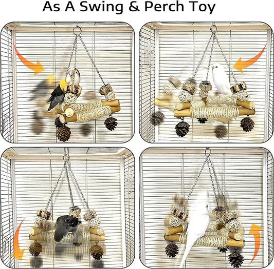 Bird Swing for Cage with Chew Toys, 3 Sisal-Wrapped Parrot Perches & Stable Triangle Design, Wooden Hanging Parakeet Toys Swing for Cockatiel Lovebirds Conures Quaker Balance Training (S)