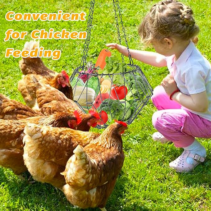 Hanging Chicken Feeder, 9.25IN Large Foldable Poultry Feeder Vegetable Fruits Basket with 4pcs Hanging Stainless Chain, Chicken Treat Holder Ball Boredom Toys for Chicken Hens Duck Coop, Black, 2 Pack