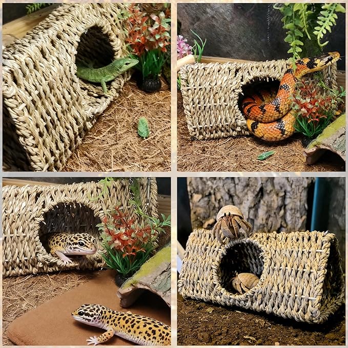 Reptile Hide Cave,Hollow Gecko Hide,Hanging Seagrass Fiber Bearded Dragon Hammock Swing Lizard Cage Climbing Toys with Suction Cups&Chains,Reptile Tank Decor with Simulation Plants-Triangle S