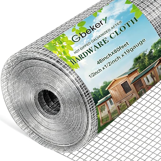 Gbekery Hardware Cloth 1/2 inch 48in x 80ft 19 Gauge, Hot-dip Galvanized After Welding Chicken Wire Fence Roll Garden Plant Welded Metal Wire Fencing Roll, Rabbit Cages Snake Fence