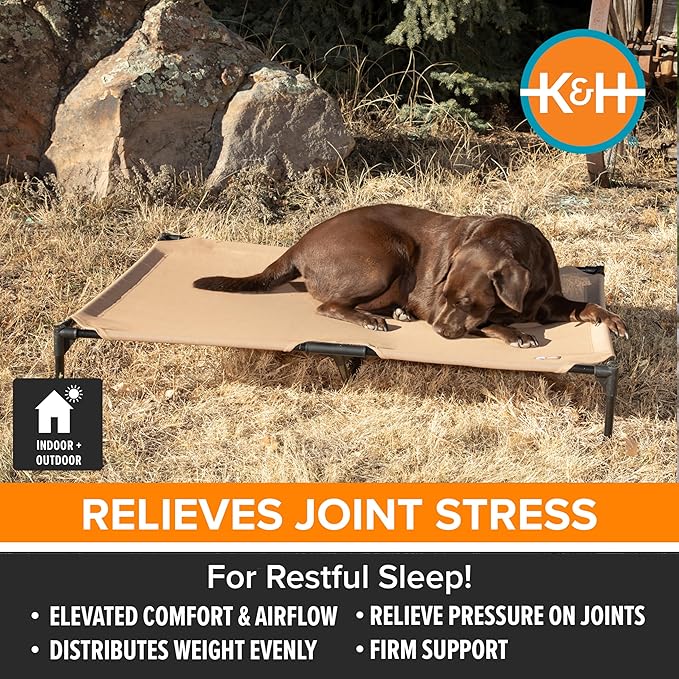 K&H Outdoor Elevated Dog Bed - Cooling Raised Dog Bed for Large & Extra-Large Pets, Breathable Mesh Hammock Design, Indoor/Outdoor Washable Cover, Portable Metal Frame, Tan, XL 50x32in