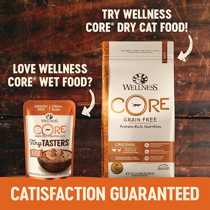 Wellness CORE Tiny Tasters Pate Adult Wet Cat Food,Natural,Protein-Rich,Grain Free,1.75 Ounce Pouch (Chicken & Turkey),(Pack of 24)