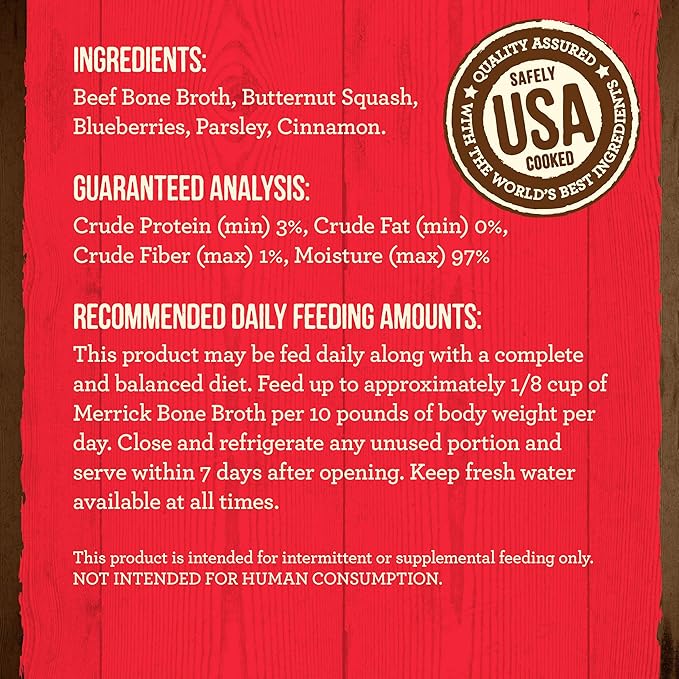 Merrick Grain Free Beef Bone Broth Dog and Cat Food Topper, Premium Grain-Free Complement, 16 oz. Pouch