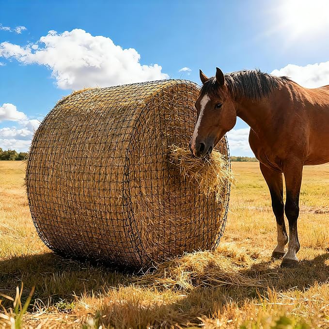Martx 5X5ft Round Bale Hay Net for Horses Slow Feed,Knotless-Livestock Slow Feed Hay,Fits 4x4 5x5 6x6 Round Bales,Heavy Duty &1.5inch Holes Feeder Nets for Horses Goats Cattle Reduce Waste