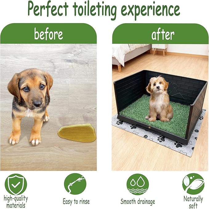 Dog Grass Pad with Tray, Indoor Potty with Three Walls, 35" X 24",with 2 Reusable Premium Grass Pads