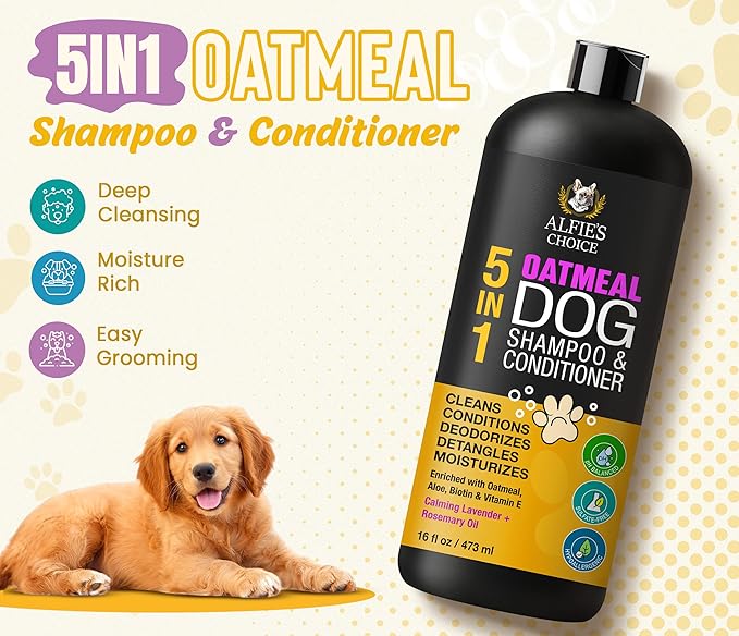 Oatmeal Dog Shampoo and Conditioner for Itchy Skin Relief | Puppy Shampoo for Sensitive Skin 5-in-1 | Cleans, Deodorizes & Detangles | Dog Wash for All Breeds | Made in USA | 16 fl oz | ALFIE'S CHOICE