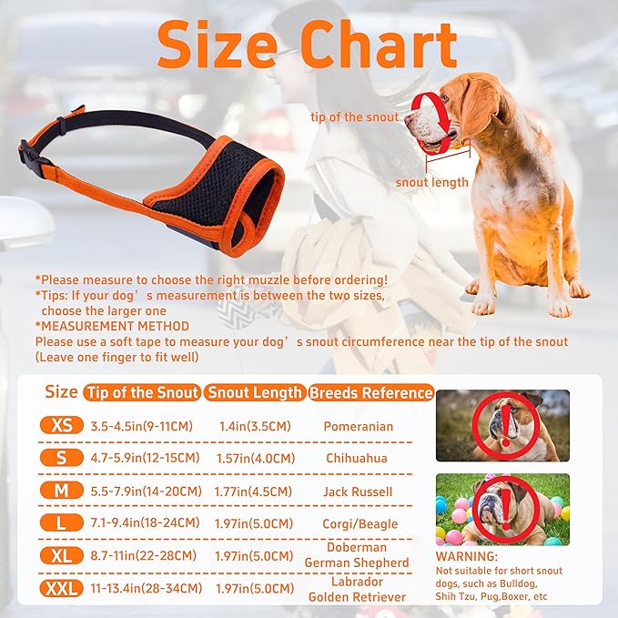 Seyezo Dog Muzzle, Soft Breathable Muzzle for Small Medium Large Dogs, Air Mesh Nylon Muzzle Cover Prevent Biting Barking Chewing, Adjustable Drinkable Pet Muzzle 6 Sizes (Orange,XXL)