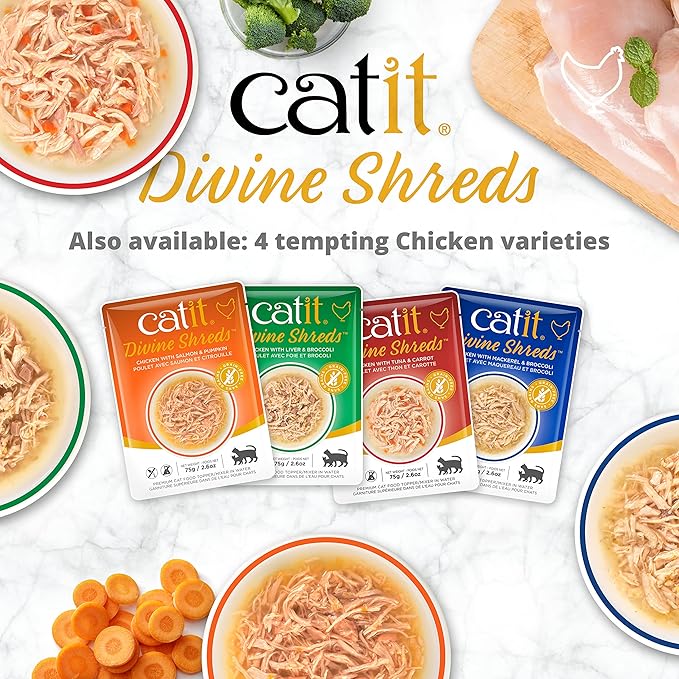 Catit Divine Shreds Premium Cat Food Topper, Tuna with Shrimp & Pumpkin (Pack of 4)