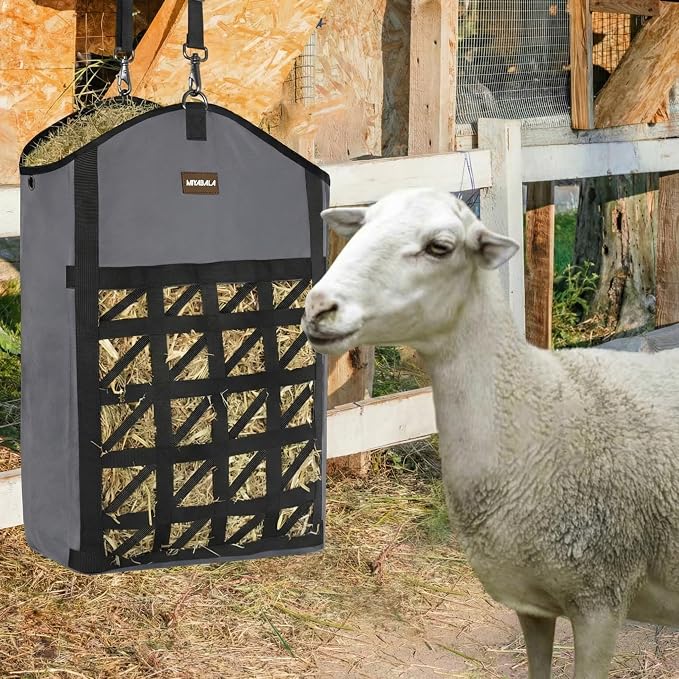 Ultra-Slow Feed Hay Bag for Horses, 3 Packs Hay Bags with Net Front Design,Wide Opening for Easy Filling,Two Types of Hanging for Feeding Goats, Sheep and Donkeys (1 Black+2 Grey)