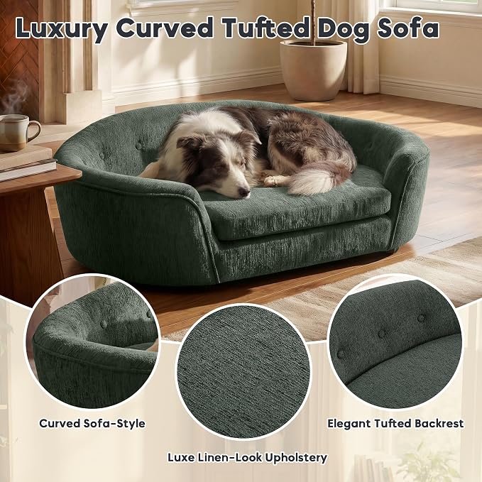 Dog Couch Bed with Oval Semi-Enclosed, Durable Linen Material Pet Sofa Couch with Soft Foam Cushion, Dog Sofa Bed with Legs for Medium Dogs, Green