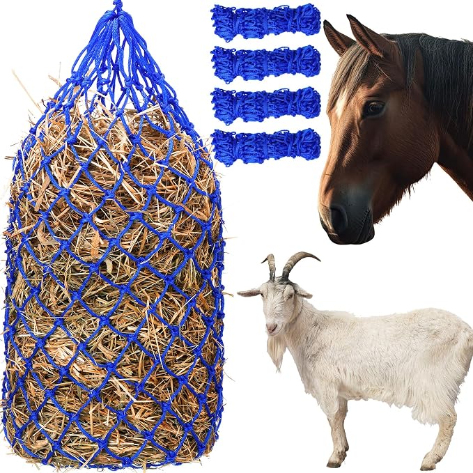 Nuenen 4 Pcs Hay Bags for Horses Goat 40 Inch Oxford Slow Feeder Hay Nets Bag for Horses Sheep Hanging Feeding Supplies Trailer Stable(Blue)