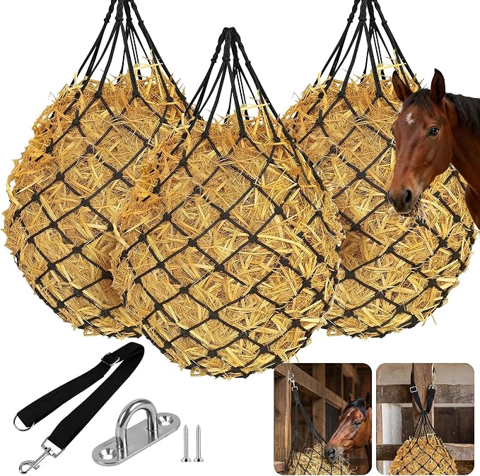 3 Pcs 47" Large Heavy Duty Hay Nets for Horses,Slow Feed Hay Bags for Horses – Hanging Hay Net Feeder with Straps & Hooks for Stall, Fence, Trailer, Goats & Sheep