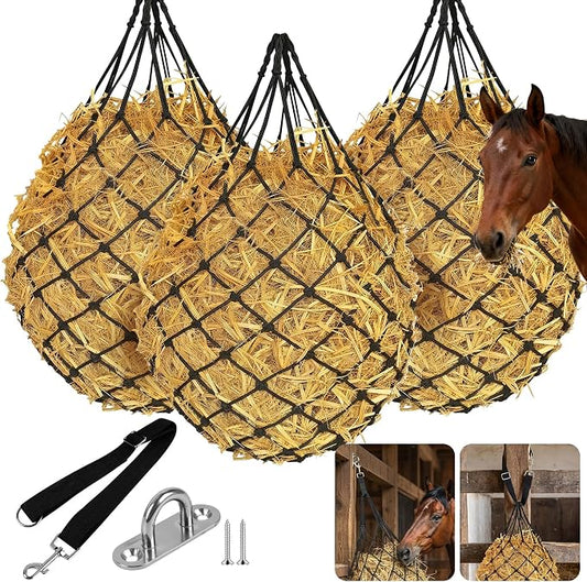 3 Pcs 47" Large Heavy Duty Hay Nets for Horses,Slow Feed Hay Bags for Horses – Hanging Hay Net Feeder with Straps & Hooks for Stall, Fence, Trailer, Goats & Sheep