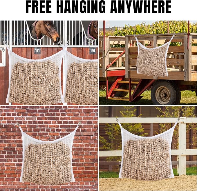 2 PCS Slow Feed Hay Net for Horses, Large Capacity Hay Bags for Horses Goats Sheep Donkey Trailer Full Day Feeding, Easy to Fill and Hang, White, 35 x 31 Inch