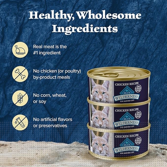 Blue Buffalo Wilderness High-Protein & Grain-Free Wet Cat Food Paté for Adult Cats 7+,Made with Natural Ingredients,Chicken Recipe,3-oz. Cans,(Pack of 48)