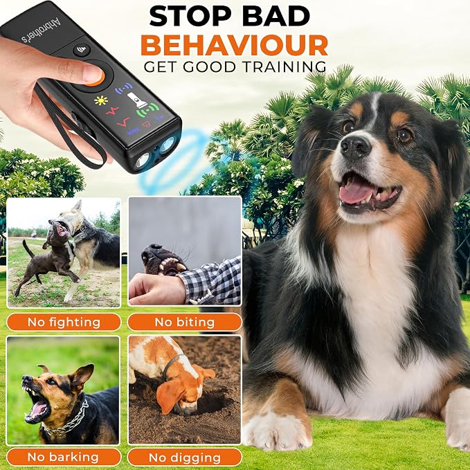 Ahbrother's Dog Bark Deterrent Devices 2X Power Anti Barking Device for Dogs, Ultrasonic Dual Emitters, 4 Training Modes Barks No More Indoors Outdoors Behavior Correct Safe & Humane Rechargeable
