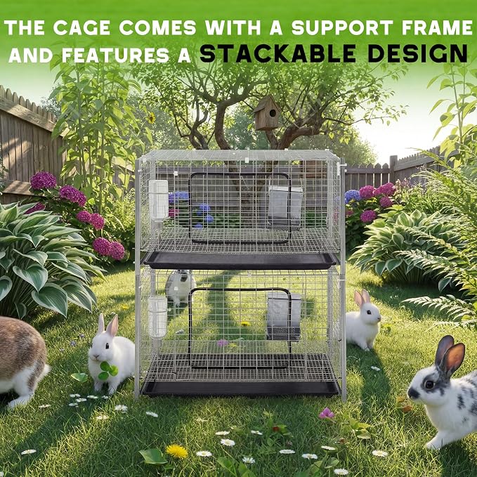 1 Set 24 x 24 x 16 Inch Stackable Rabbit Breeding Cage Complete Kit with Feeder and Water Bottle Foldable Metal Small Hutch with Tray and Stand for Guinea Pig Ferret Bunny Easy to Clean