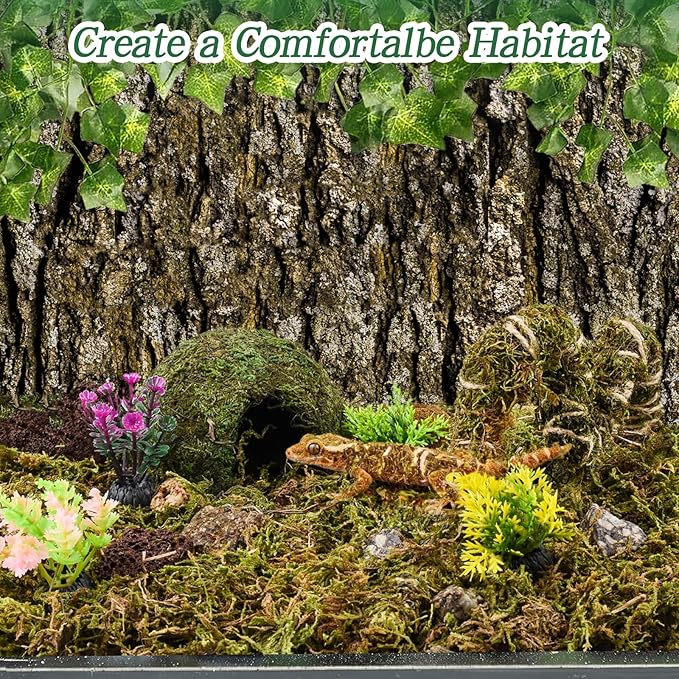 8 Pcs Reptile Hides and Caves Leopard Gecko Tank Accessories Bendable Moss Vine for Reptiles Fake Leaves Potted Plants for Terrarium Vivarium Hide