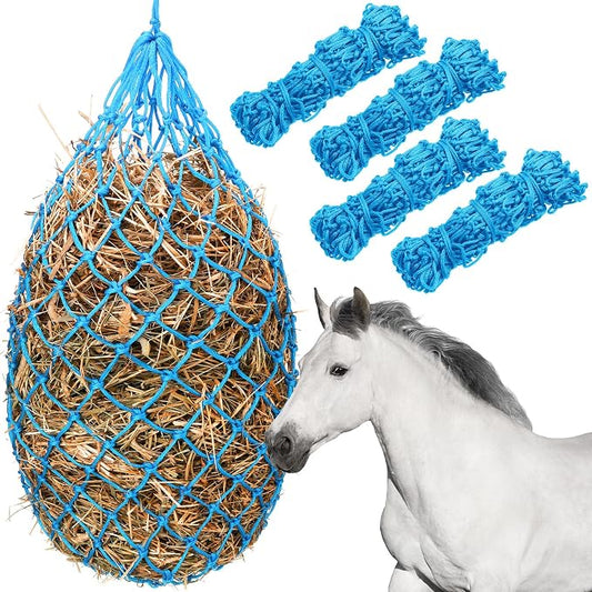 Nuenen 4 Pcs Hay Bags for Horses Goat 40 Inch Oxford Slow Feeder Hay Nets Bag for Horses Sheep Hanging Feeding Supplies Trailer Stable(Sky Blue)