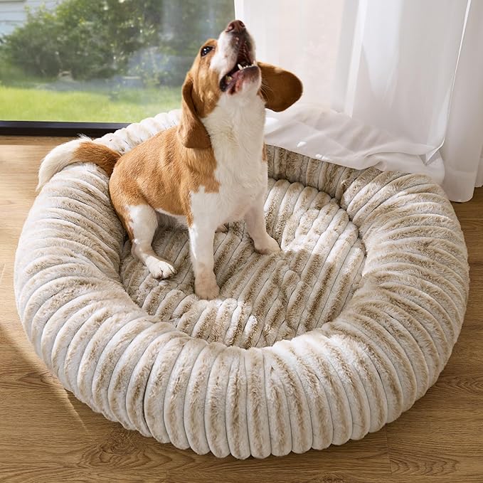 Bedsure ComfyFleece™ Donut Large Dog Bed - Washable Faux Fur with Corduroy Fleece & Anti Slip Bottom, Round Pet Bed with Removable Cover, Amphora, 36x36x8 inches