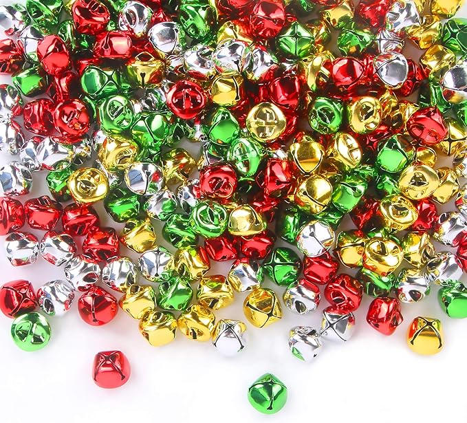 Augshy 200 Pieces Jingle Bells 3/5Inch Craft Bell Bulk for Christmas Home and Pet Decorations Xmas Decor Party Favors Supplies (Red Green Gold Silver)