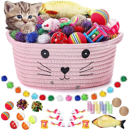 Zopeal 58 Pcs Mother’s Day Cat Storage Basket Gift Toys Set, Colorful Flashing Balls Pet Bell Crinkle Balls Spring Toys Attract Cat to Swat, Hunt, Interactive for Pet(Pink,9.8 Inch)