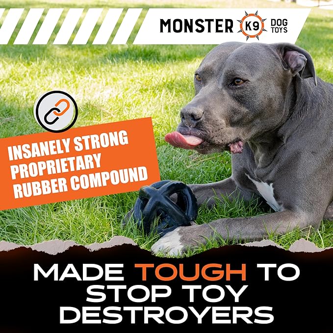 Monster K9 Ultra Durable Dog Ball - Lifetime Guaranteed - Tough, Heavy Duty Dog Toy for Aggressive Chewers - Safe Non-Toxic Natural Rubber - Chew, Tug & Fetch - Med/Large Breed, 5.5”