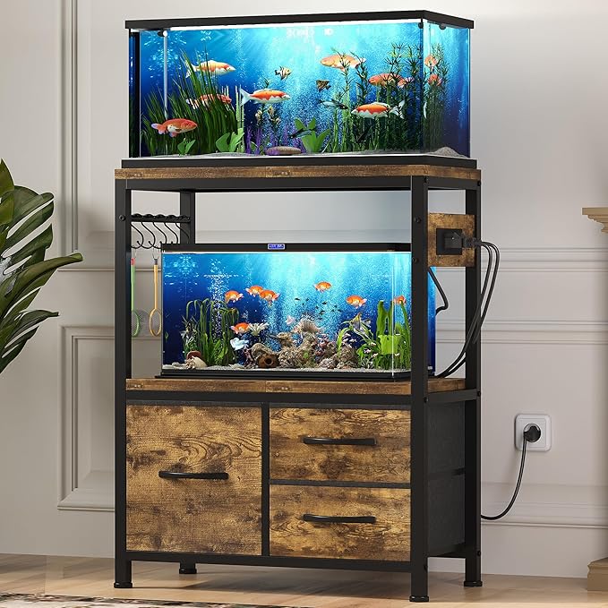 Heybly 10-20 Gallon Fish Tank Stand, Aquarium Stand with Drawer, Power Outlet, Heavy Duty Metal Frame, for Fish Tank, Turtle & Reptile Terrarium, 24.4" × 12.6" Top, 200lbs, Rustic Brown HAS003SSR