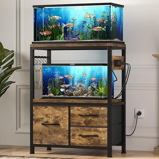 Heybly 10-20 Gallon Fish Tank Stand, Aquarium Stand with Drawer, Power Outlet, Heavy Duty Metal Frame, for Fish Tank, Turtle & Reptile Terrarium, 24.4" × 12.6" Top, 200lbs, Rustic Brown HAS003SSR