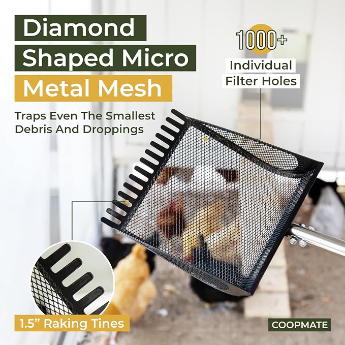 2-in-1 Chicken Coop Poop Scooper and Rake - Metal Sand Sifting Litter Scoop Shovel with Angled Basket and Micro-Sized Diamond Mesh to Catch the Smallest Farm Animal Droppings - Adjustable 12" to 53"