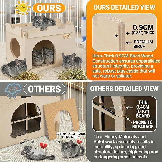 Castle Hanging Chinchilla House, Small Animal Hideout | Chinchilla, Guinea Pig, Hedgehog, or Rat, Ventilated Wooden Hamster Habitat with Multiple Doors, Made from Natural Wood