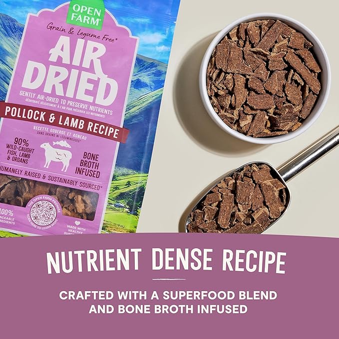 Open Farm, Air Dried Dog Food Infused with Bone Broth, Grain & Legume Free, Complete Meal or Food Topper, Pollock & Lamb Recipe, 2lb Bag