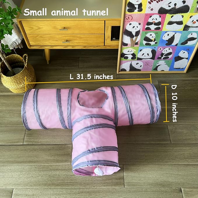 Rabbit Tunnels & Tubes Collapsible 3 Way Pink Grey, Play Tunnel Tube Toy with Hanging Ball for Kitten, Puppy, Bunny, Ferret, Interactive Toys for Fun Playtime & Exercise