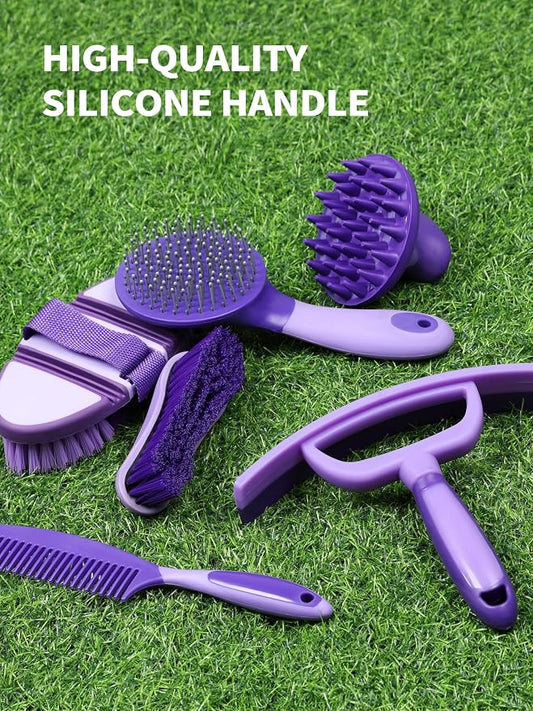 Harrison Howard Horse Grooming Kit 9 Piece with Tote Bag, Non-Slip Horse Brush Set for Shedding, Bathing, Hoof Care, Mane & Tail Grooming, Equine Grooming Supplies Purple