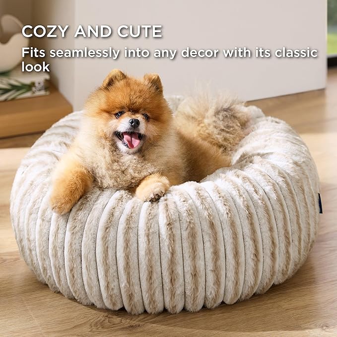 Bedsure ComfyFleece™ Donut Small Dog Bed - Dog Beds for Small Dogs with Corduroy Fleece & Anti Slip Bottom, Round Faux Fur Pet Beds with Washable Removable Cover, Amphora, 23x23x7 inches