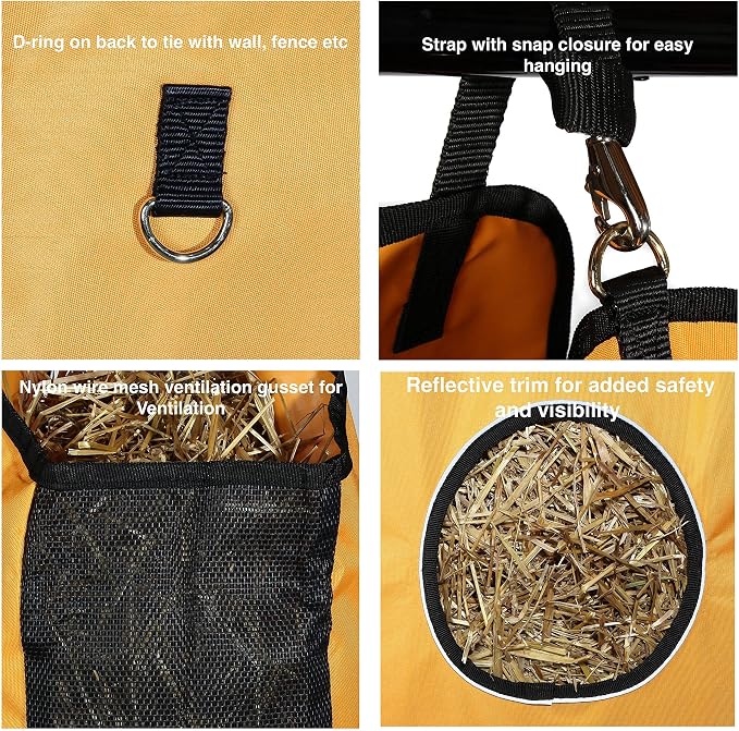 Majestic Ally 1200 D Hay Feeder Tote bag for Horses, Sheep with Reflective Trim- Reduces Waste - comes with 36” Hay Net. (Black)