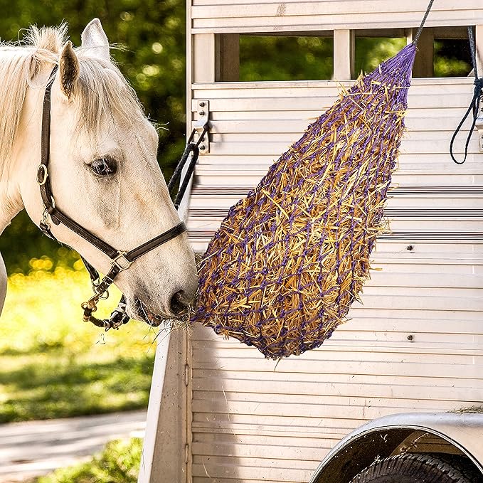 Majestic Ally 2 pcs Slow Feed 42” Hay Net for Horses, Strong Small 2x2” Holes, Nylon Rope Hanging, Adjustable Travel Feeder for Trailer and Stall, Simulates Grazing, Reduce Waste