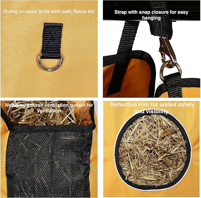 Majestic Ally 1200 D Hay Feeder Tote Bag for Horses, Sheep with Reflective Trim- Reduces Waste - Comes with 36” Hay Net (Orange)