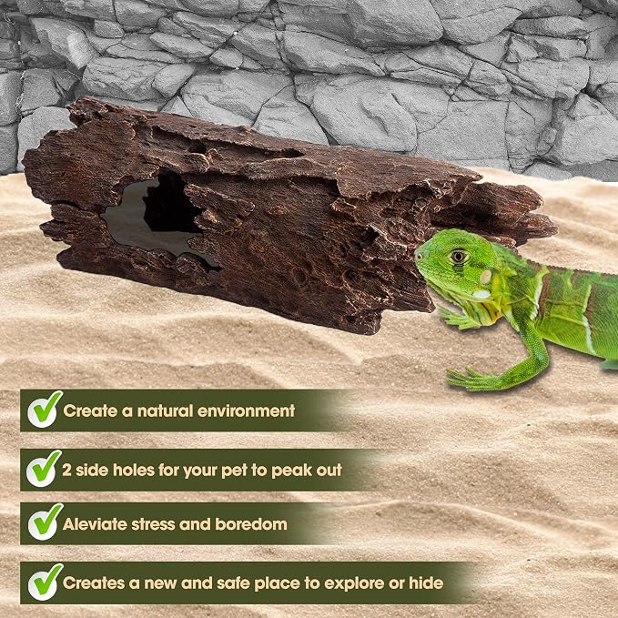 Lizard, Snake or Reptile Hide. XL Large 14" Hollow Log for Aquarium or Fish Tank. Bearded Dragon or Gecko Tank Accessories. Natural Looking Basking Platform, Shrimp or Betta Fish Hideout