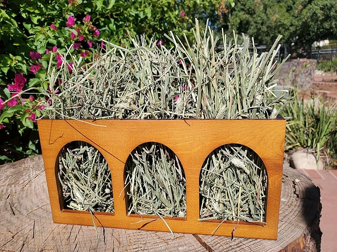 "Closed Bottom Hay Feeder Natural Pine Wood Arch Guinea Pig Hay Rack with Option to Attach to Cage (Warm Cherry with Bottom)
